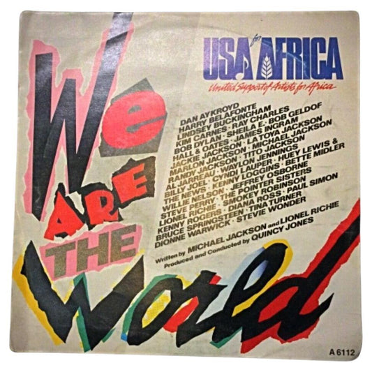 USA for Africa 'We Are the World' 45 RPM vinyl record featuring artists Michael Jackson, Tina Turner, and Stevie Wonder, showcasing iconic music history.