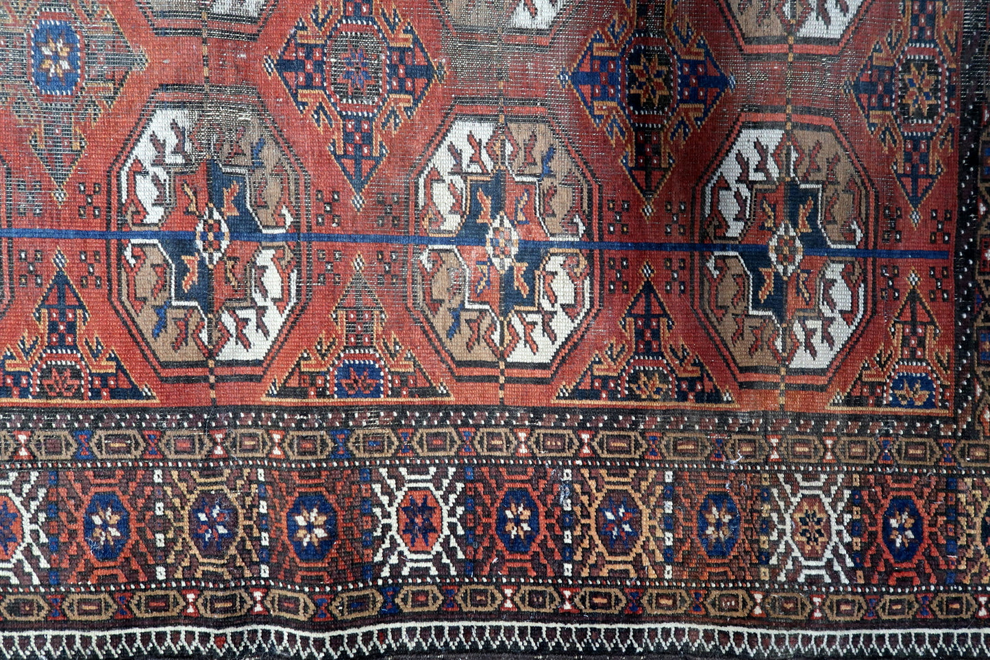 "Intricate Design Detail on Vintage Handmade Afghan Baluch Rug