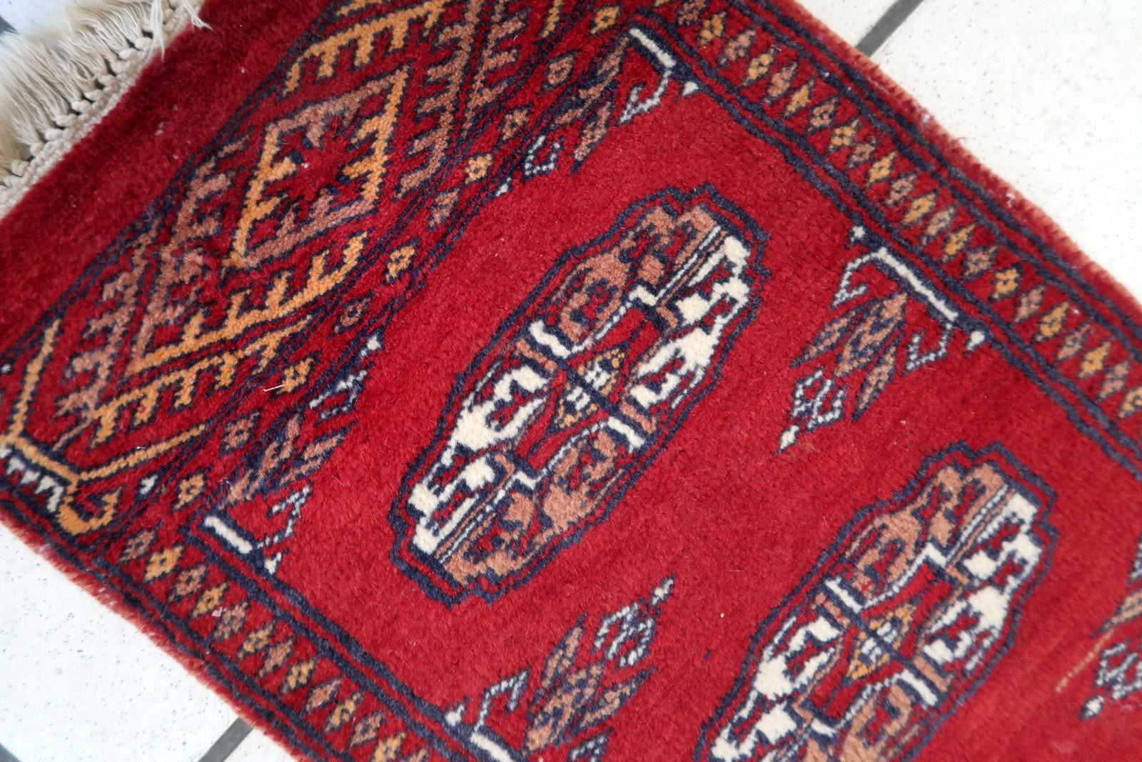 Close-up Detail of Central Geometric Motifs on Vintage Uzbek Bukhara Rug - 1960s