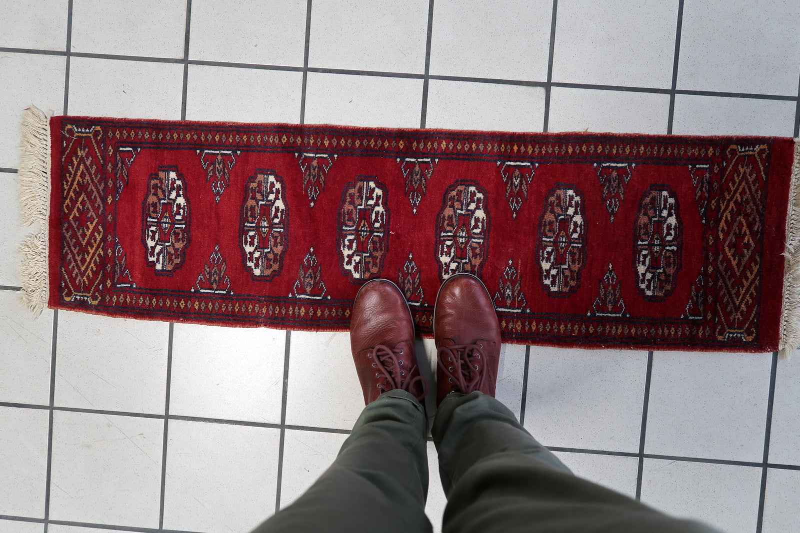 Detailed View of Traditional Bukhara Designs on Vintage Uzbek Bukhara Rug - 1960s