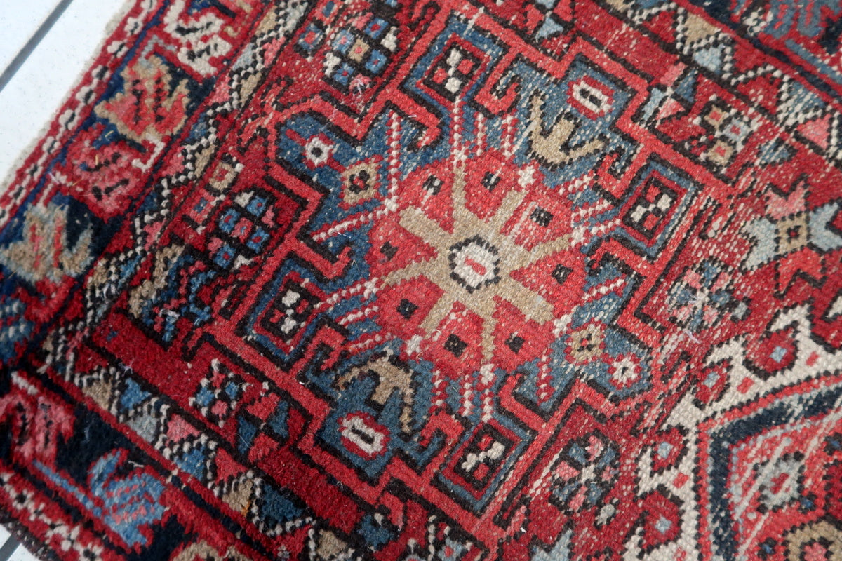 Antique low-pile Persian Karajeh rug with beautifully aged natural dyes
