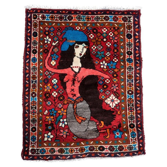 Handmade Persian Hamadan rug featuring a central female figure with floral patterns
