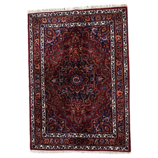 Handmade vintage Persian Hamadan rug with red and blue motifs
