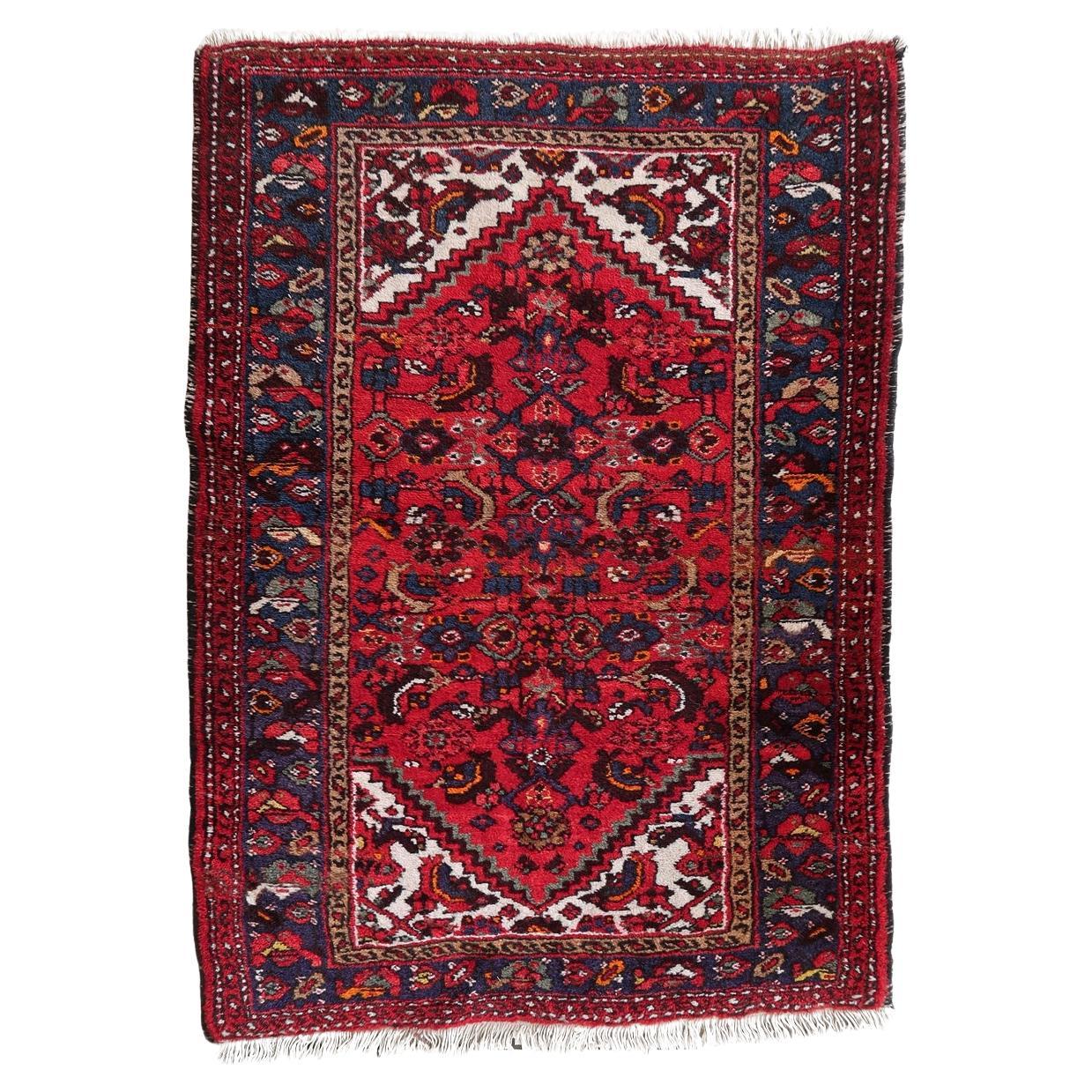 Handmade Vintage Persian Hamadan Rug - 1970s Authentic Wool Carpet
