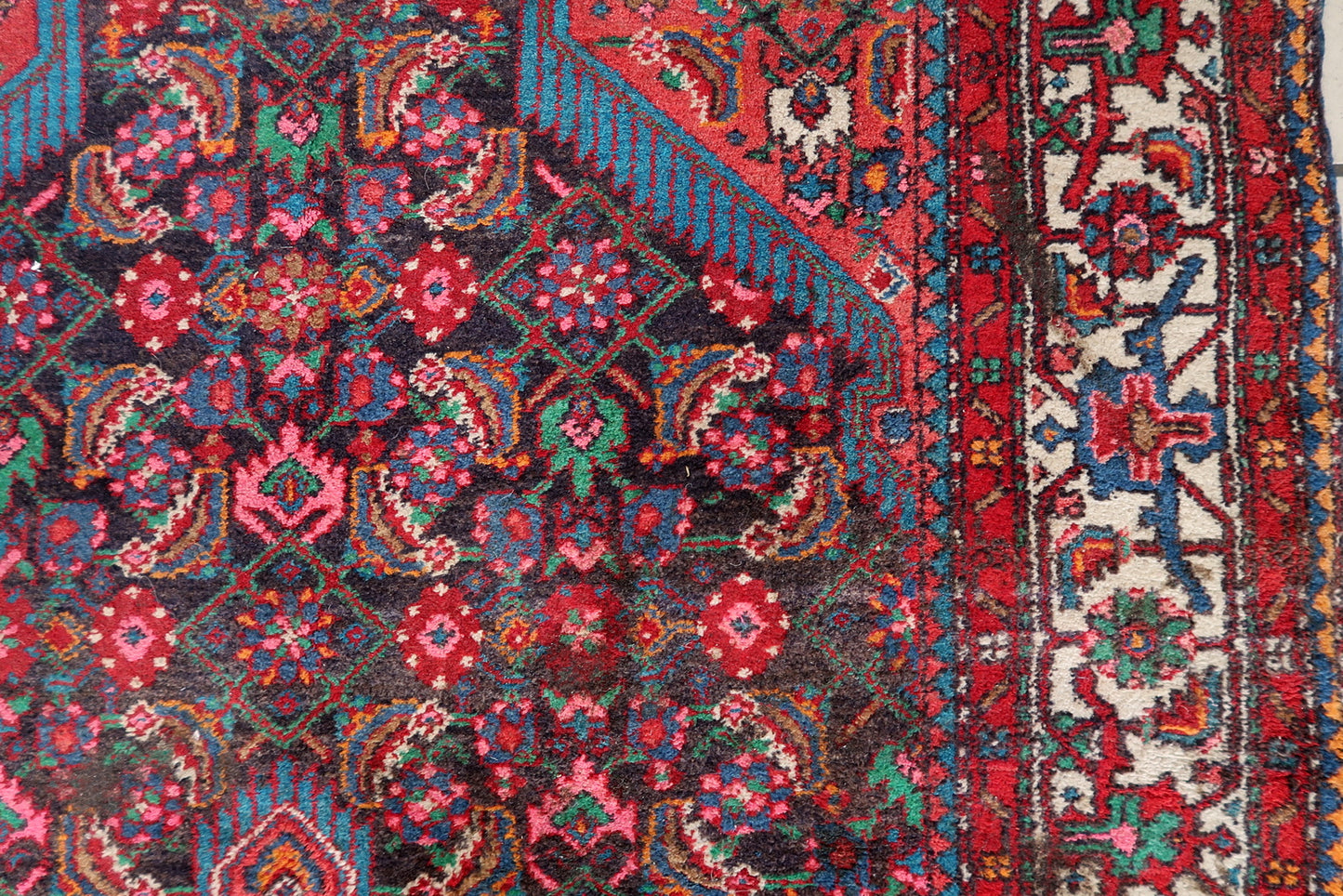 Close-up of vintage Persian rug showing delicate vines and stars
