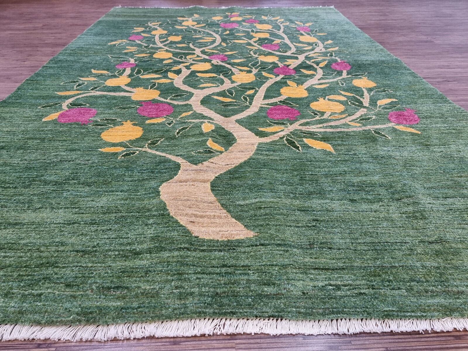 Full spread of the 1980s Persian Gabbeh rug in a modern living room
