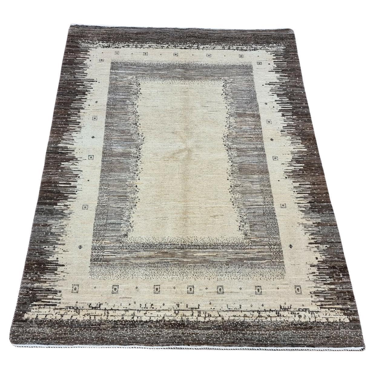 Full view of Handmade Vintage Persian Gabbeh Rug with neutral tones
