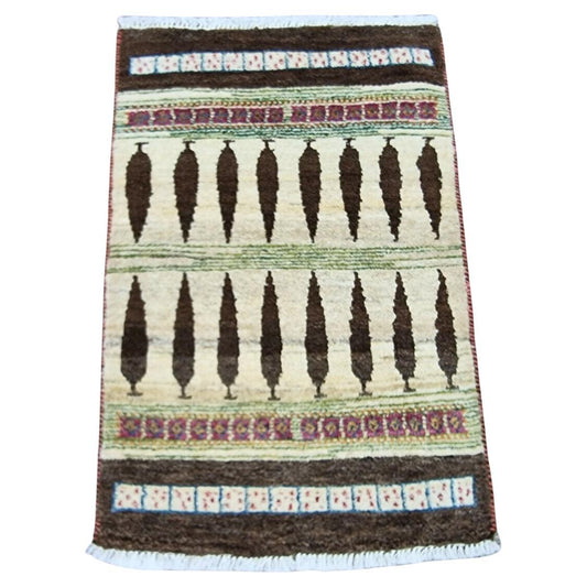 Full view of vintage Persian Gabbeh rug, 87x55 cm / 2.85x1.8 ft
