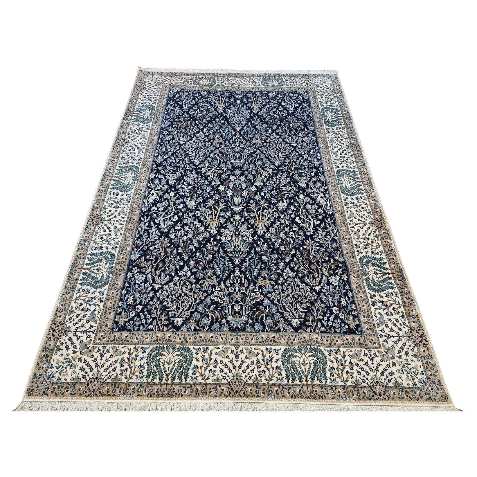 Persian Nain carpet navy cream floral design
