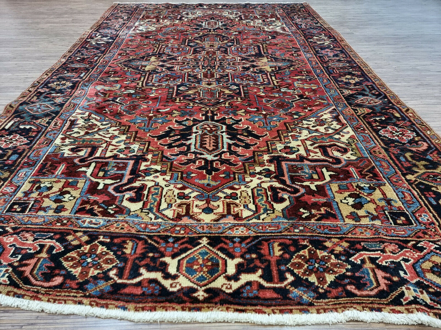 Geometric Persian Heriz wool hand-knotted rug
