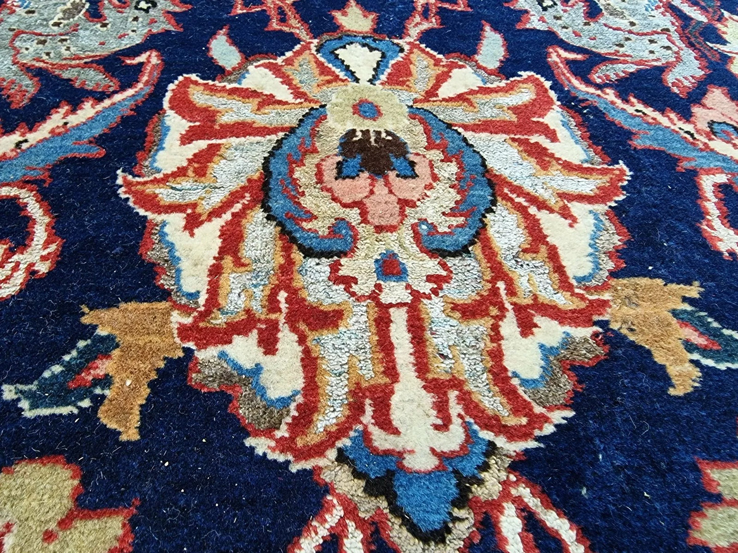 Hand-knotted Persian Qum wool and silk rug in blue
