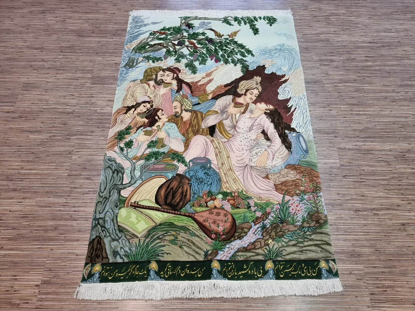 Vintage Persian silk rug with a natural and cultural theme.
