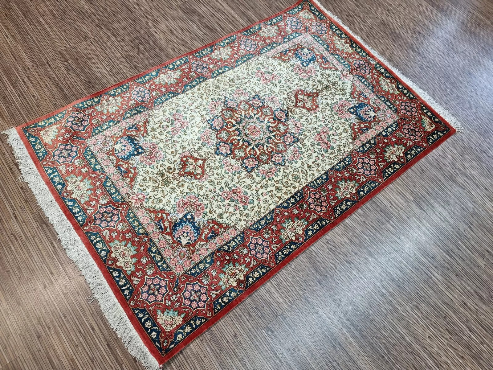 Immaculate vintage silk rug with vibrant colors and brilliant sheen.
