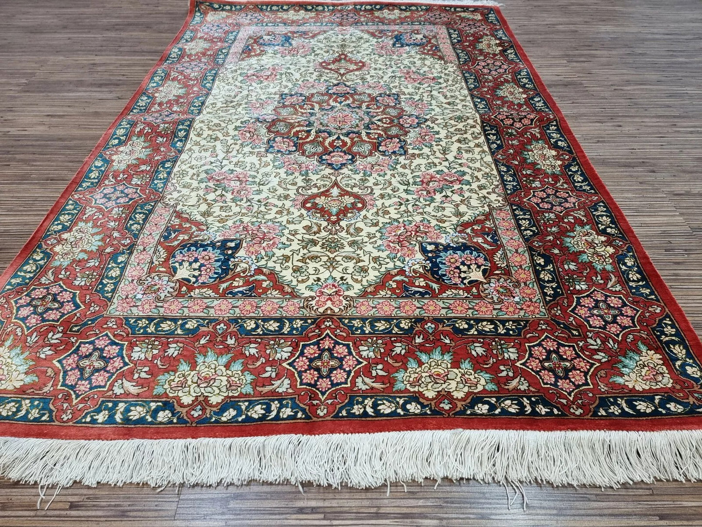 Persian Qom silk rug suitable for luxury living spaces or as a wall display.
