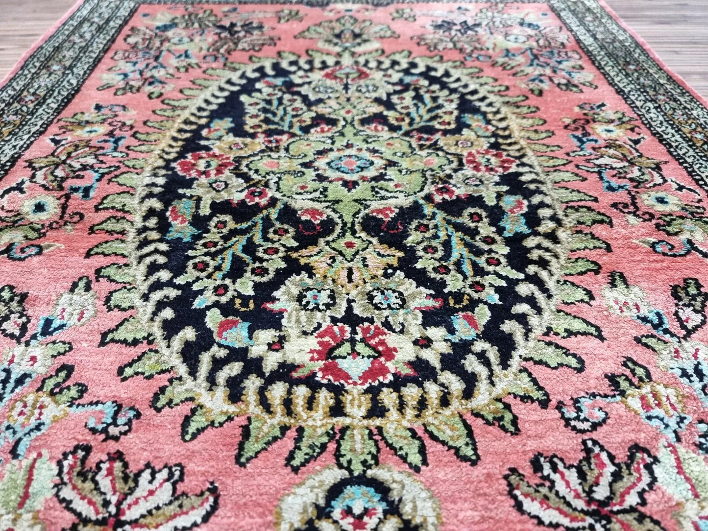 Traditional Persian Qum rug with 100% silk pile and foundation
