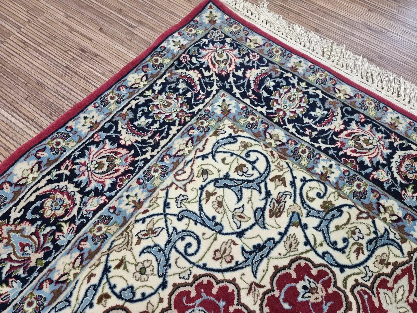 Close-up of Persian rug’s fine weave, showcasing superior craftsmanship
