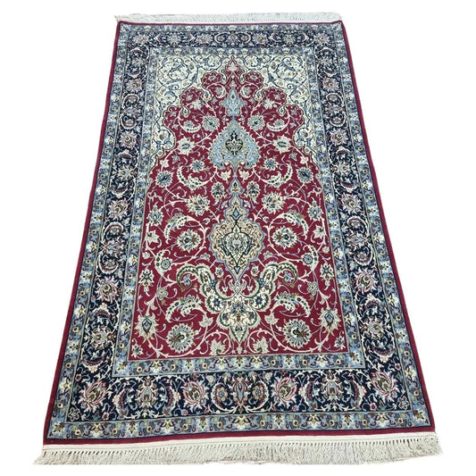 Handmade vintage Persian Isfahan prayer rug with intricate floral designs
