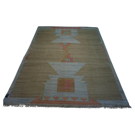 Handwoven Vintage Indian Dhurrie Kilim Rug (6.5' x 8.2'): Warmth and charm in classic brown, pink & white.