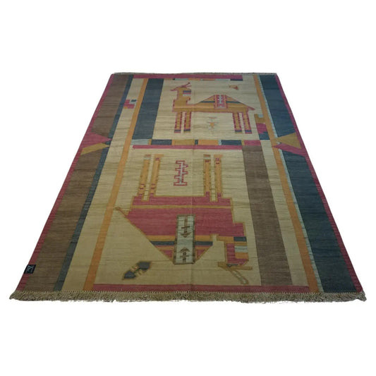 Step back in time: 1970s Vintage Indian Kilim Rug with playful camel design in sunny yellow (6.3' x 8.3').