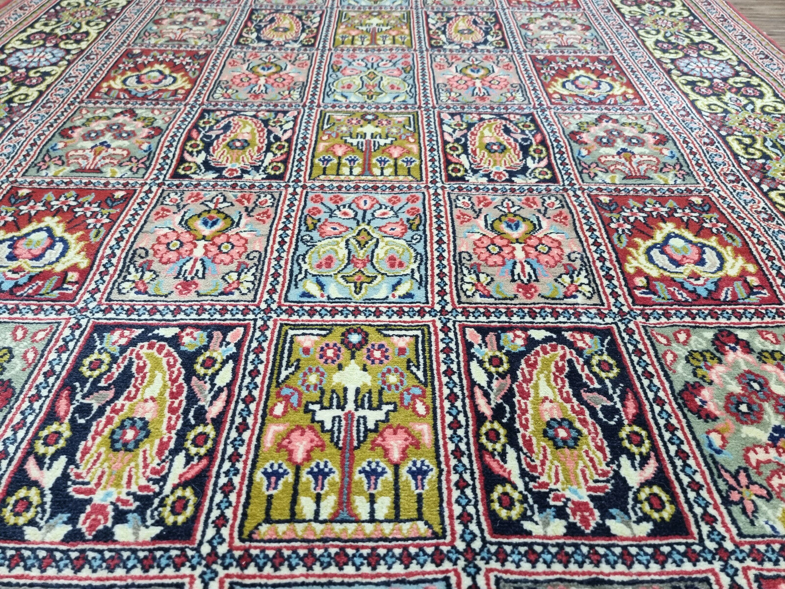 Brighten Your Space: Vintage Persian Style Qum Rug (3.6' x 5.1') with a vibrant color palette and intricate design (1970s).