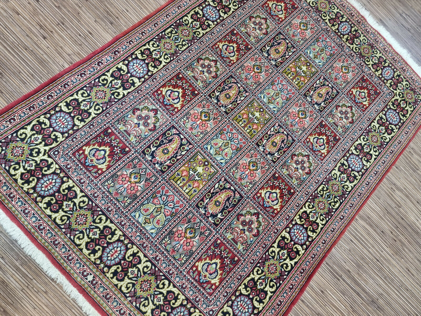 Step Back in Time: Handwoven Vintage Persian Rug (3.6' x 5.1') boasts vibrant colors & intricate design (1970s).