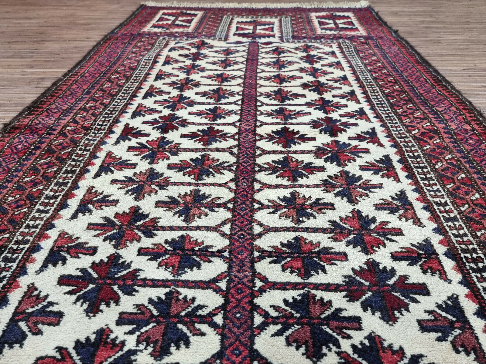 Well-Preserved Vintage Rug: Afghan Baluch Prayer Rug (2.7' x 5.5') in good condition with minor wear & tear (1950s).