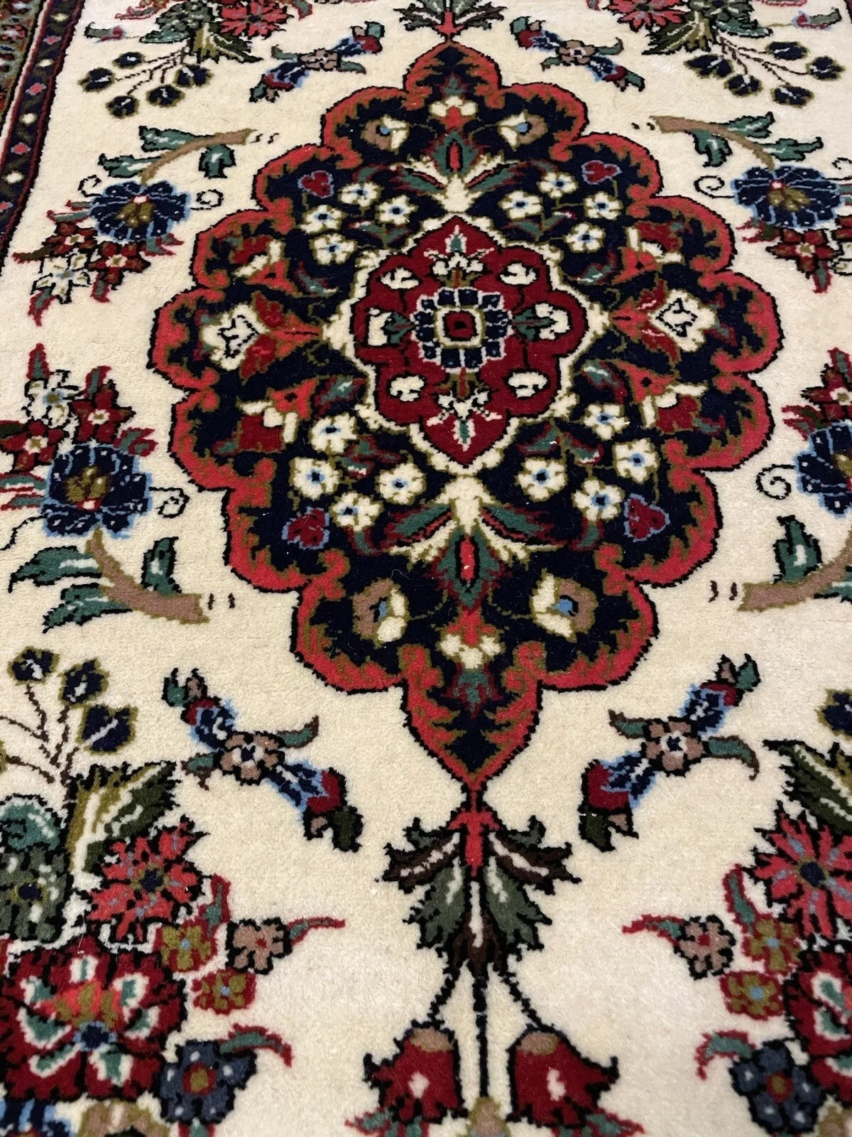 Persian Qum Rug – Red & Black Handwoven Vintage Carpet
