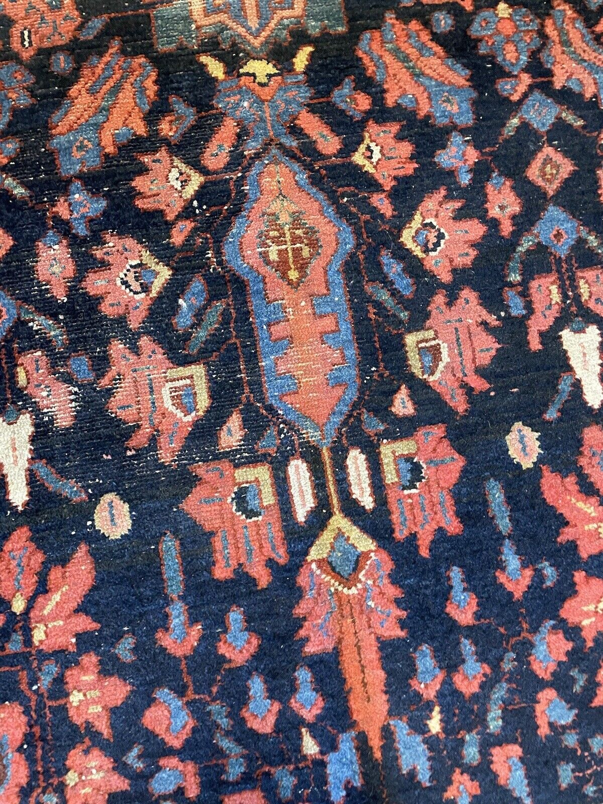 Close-up of antique Bakhtiari rug’s detailed motifs
