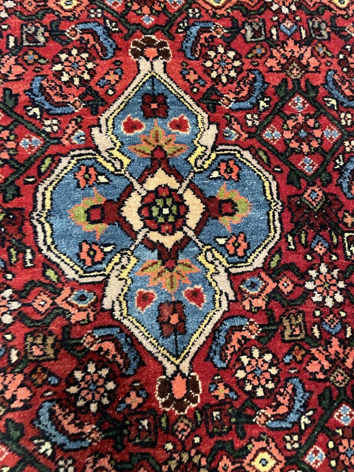 Vintage Bidjar rug featuring bold floral and geometric motifs
