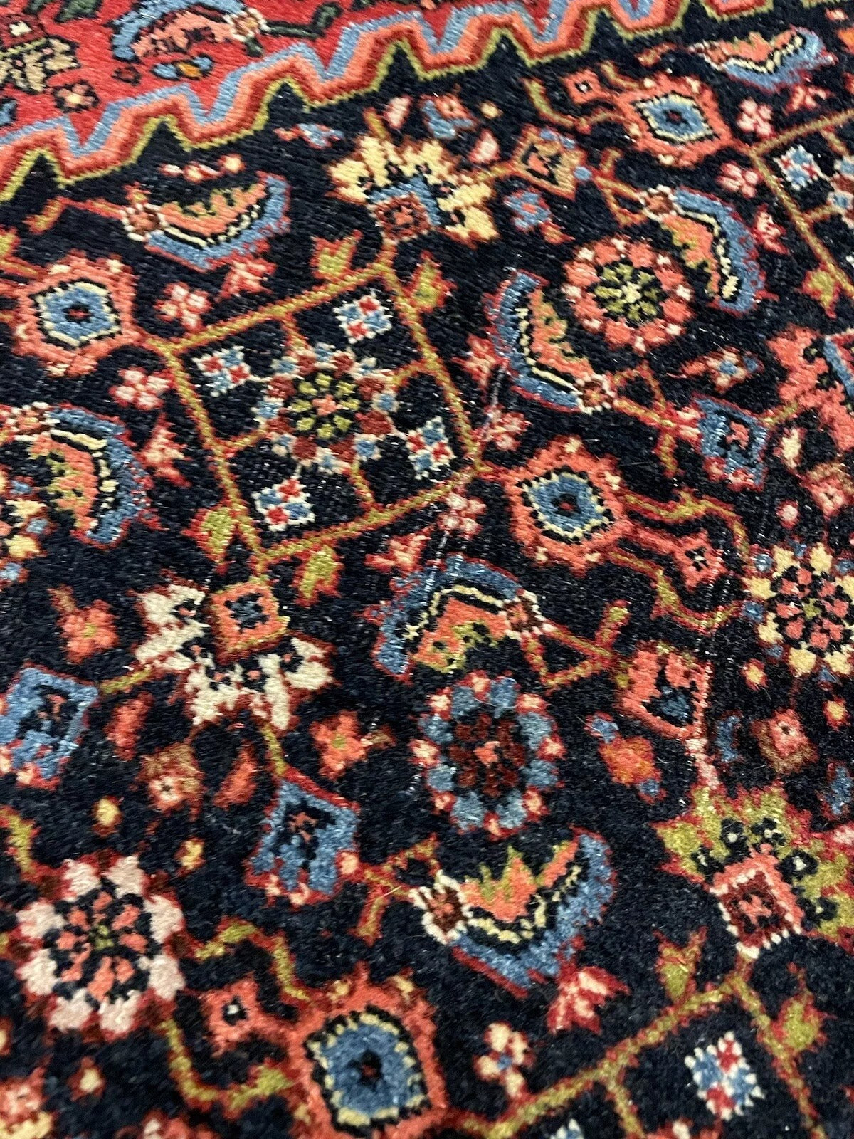 Close-up of intricate medallion design on a Bidjar wool rug
