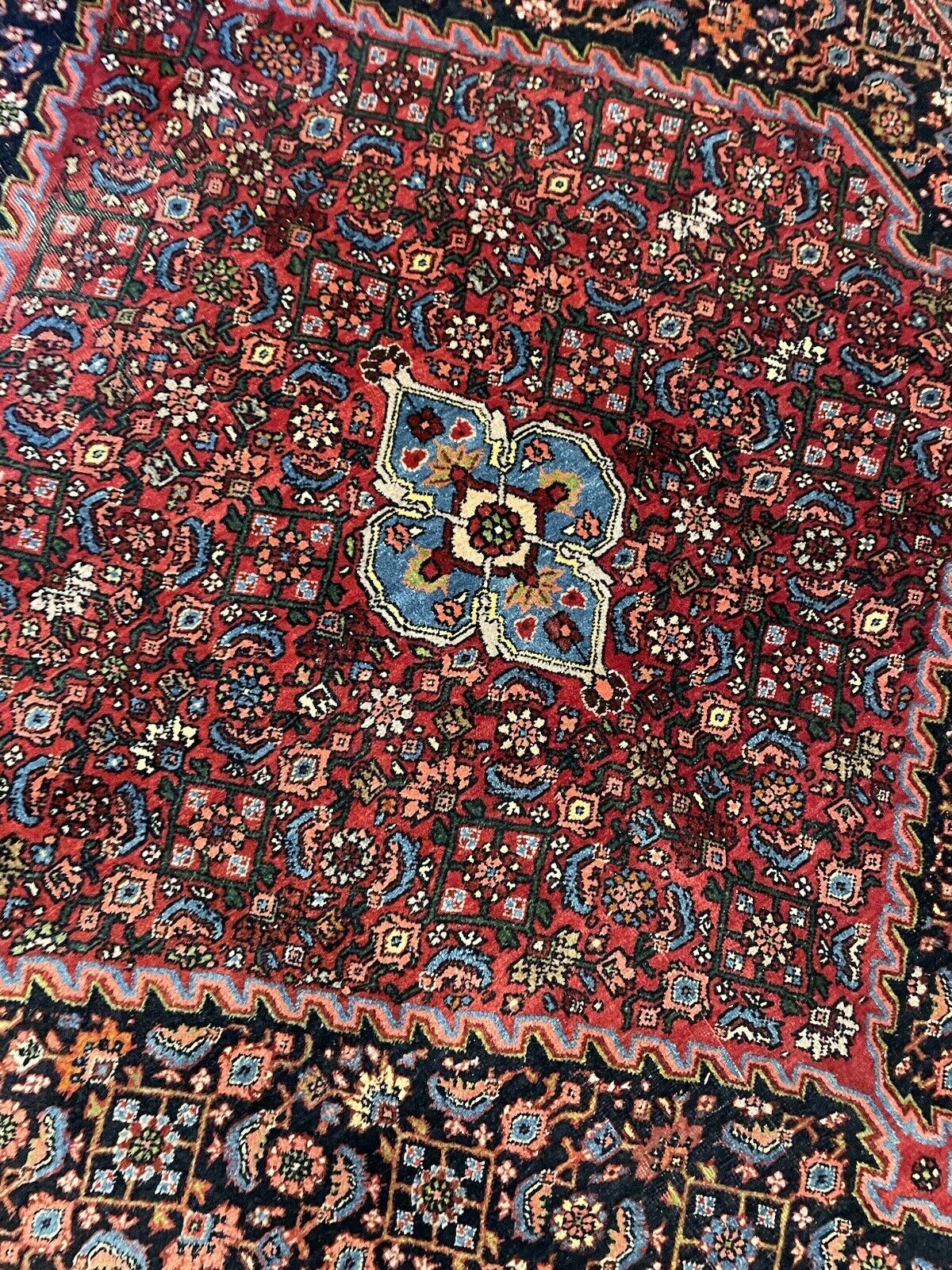 Detailed border pattern on a vintage Bidjar rug
