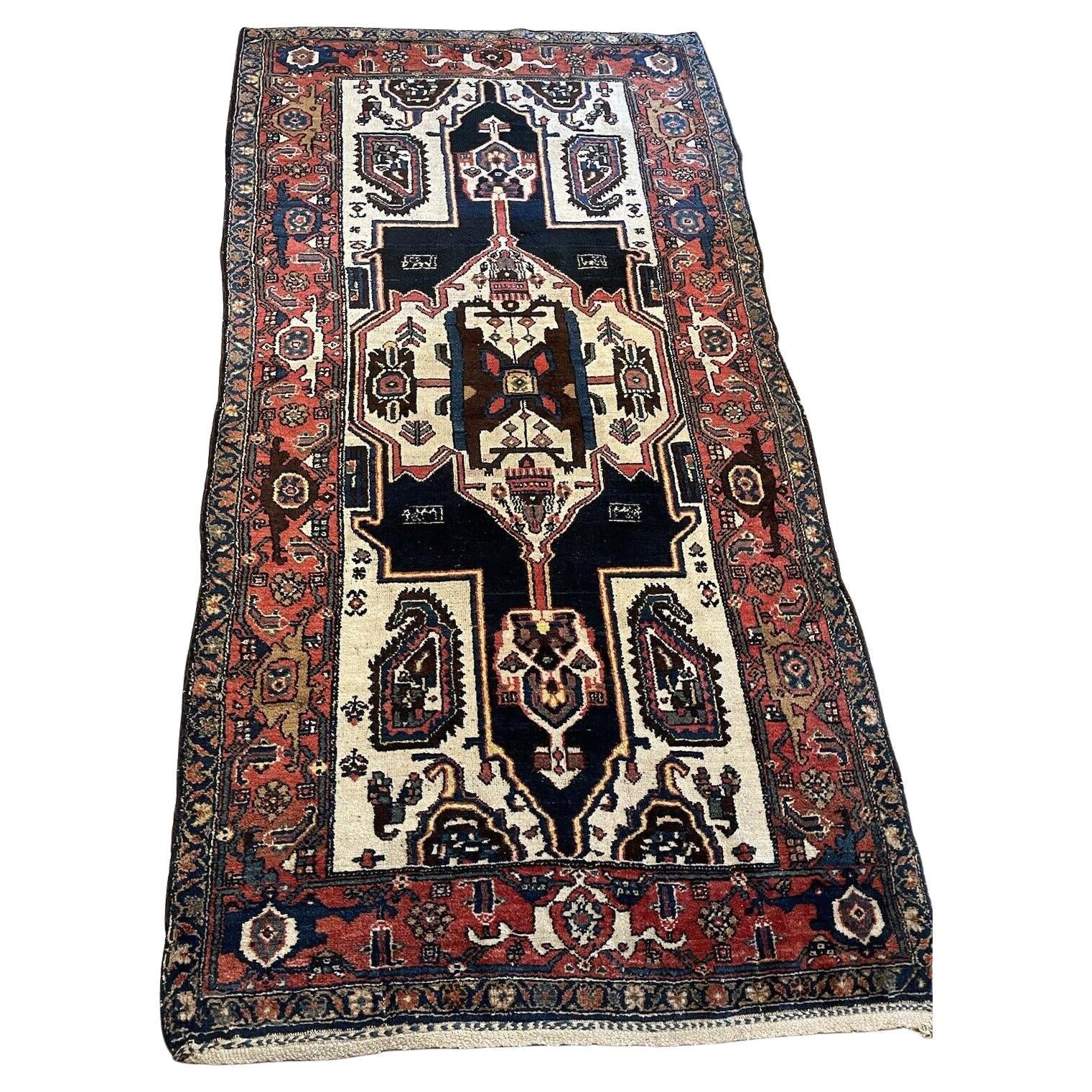 Handmade antique Hamadan wool rug from the 1920s, 3.9' x 7.7'
