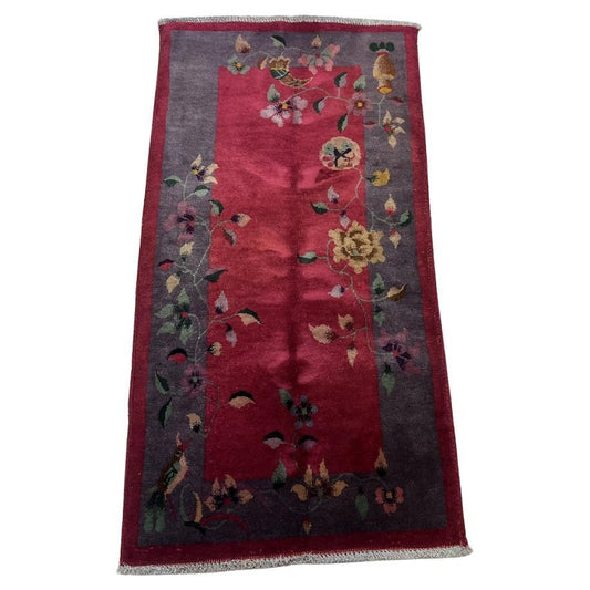 Handmade antique 1920s Art Deco Chinese rug with floral and bird motifs
