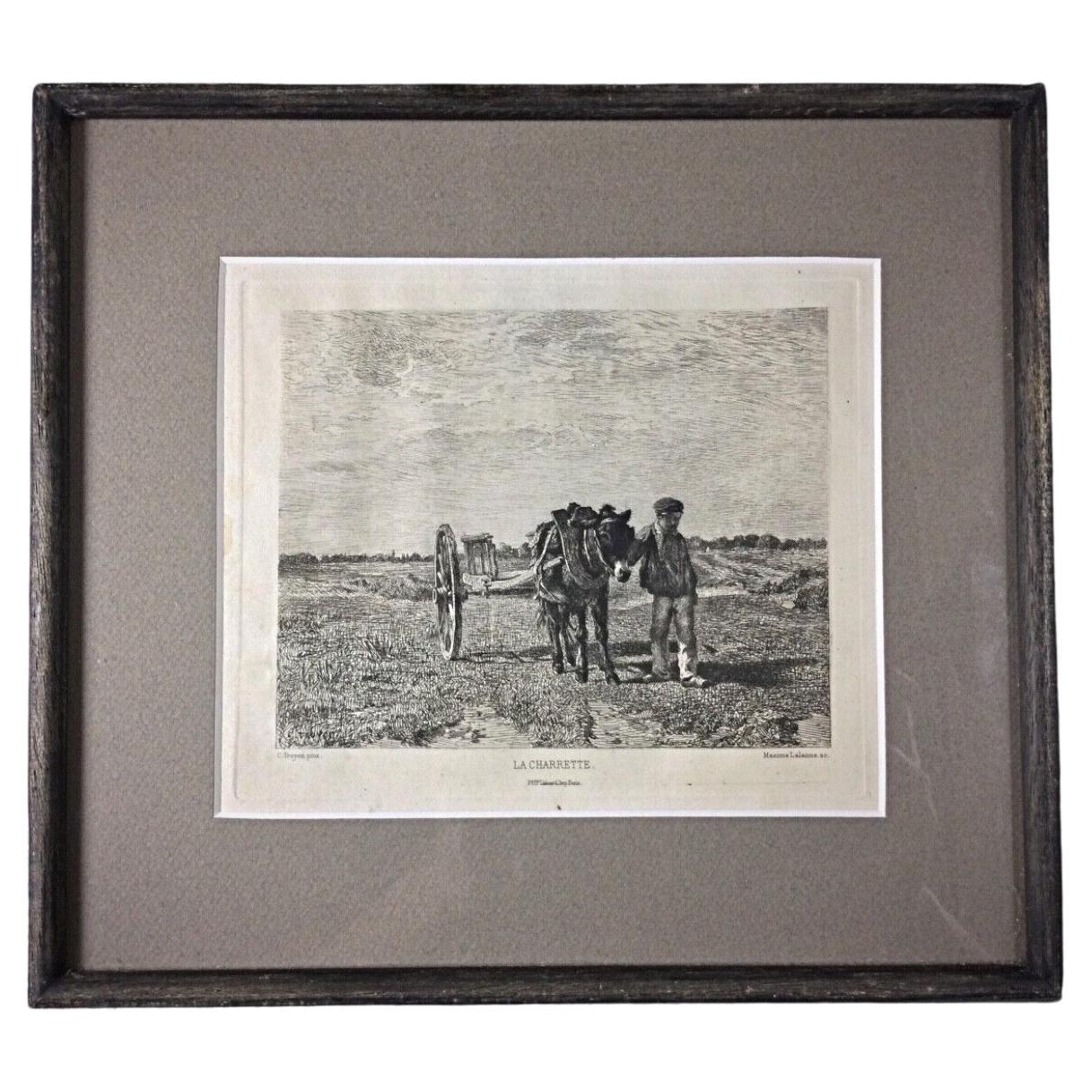 Antique gravure La Charette by M. Lallane after Troyon, circa 1860-1880
