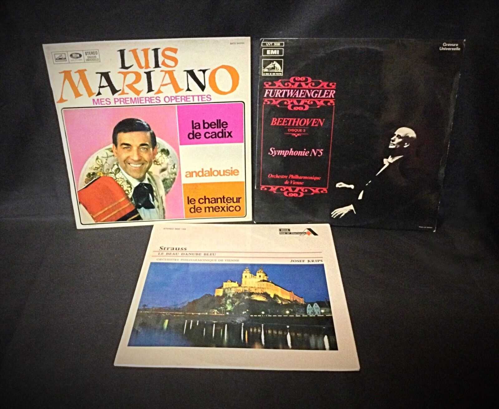 Lot of 3 vintage classical vinyl records featuring Beethoven, Luis Mariano, and Strauss.
