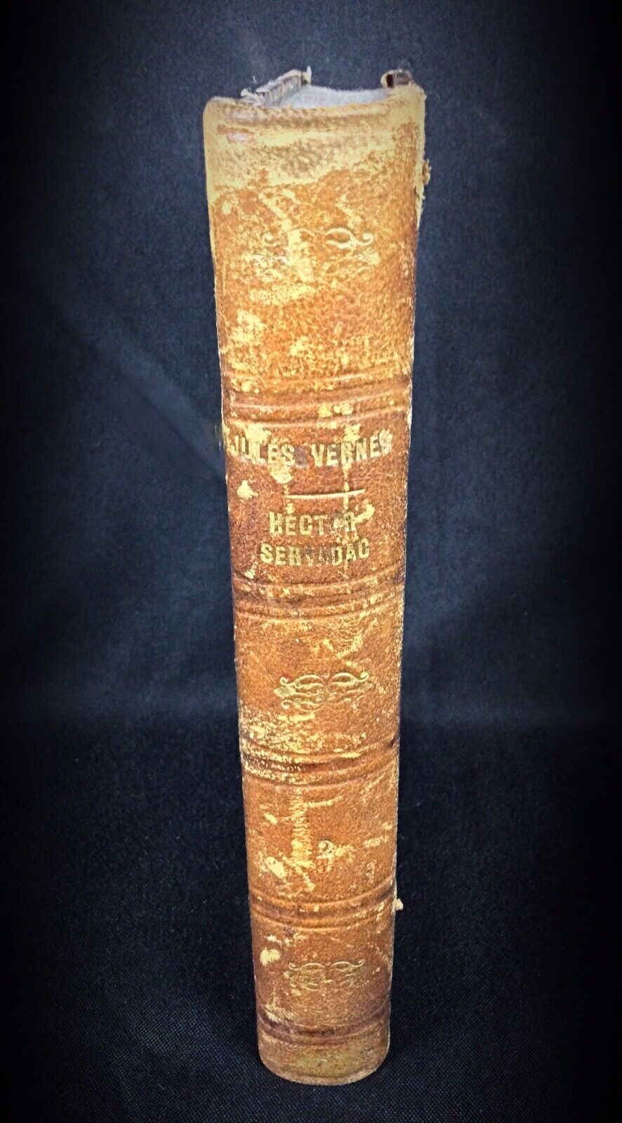 Yellowed pages with minor foxing in Jules Verne's 9th edition book
