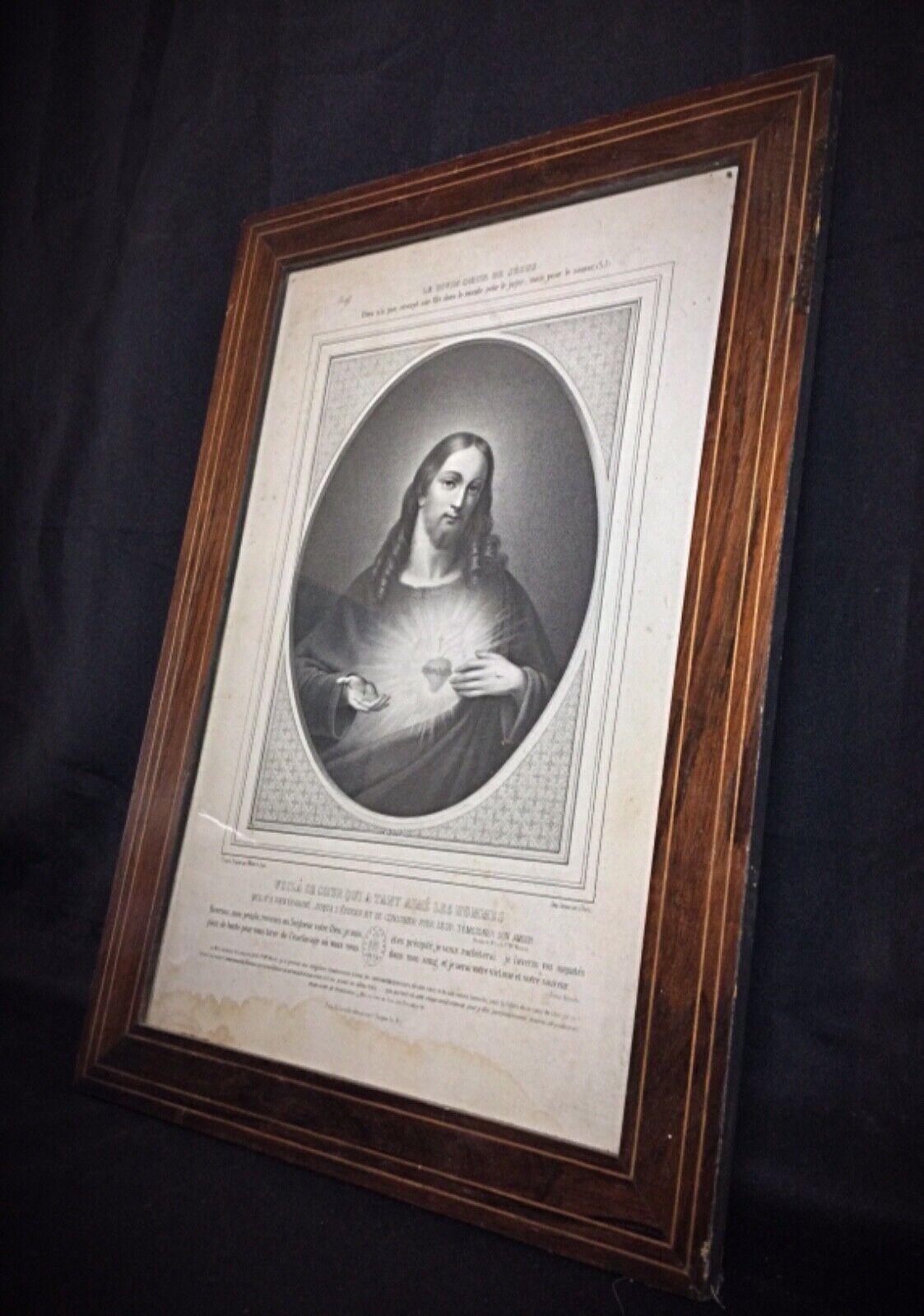 Sacred Heart of Jesus lithograph with antique frame
