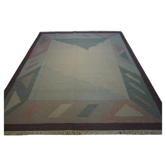 Handwoven Vintage Indian Dhurrie Kilim Rug (8.4' x 9.6') in captivating pastels and geometric design.