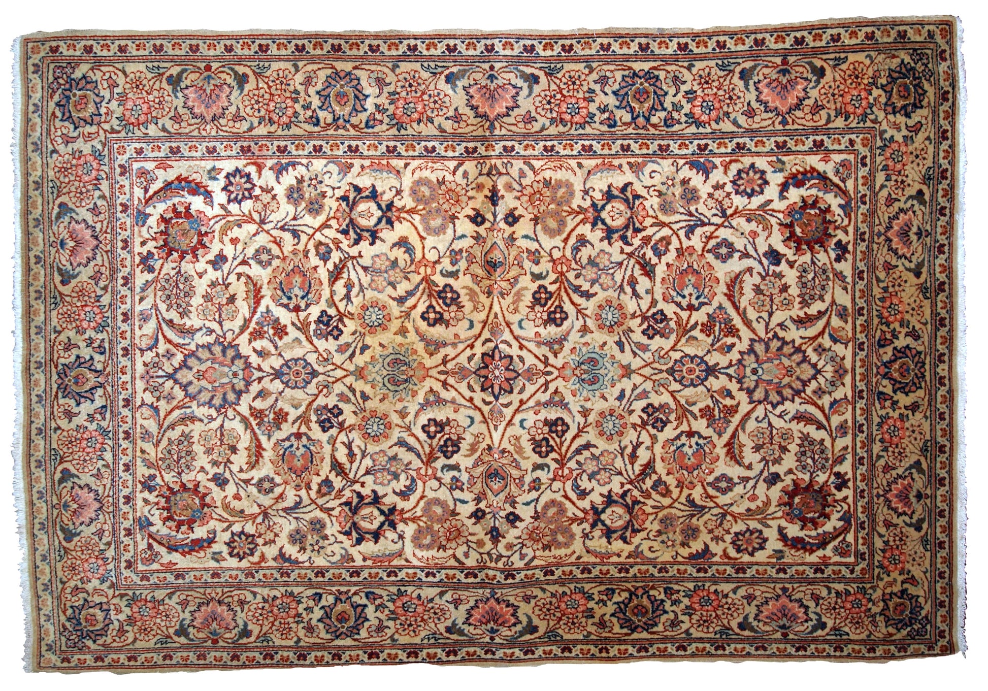 Handmade antique Kashan rug in light shade of beige. The rug is in original good condition from the beginning of 20th century.