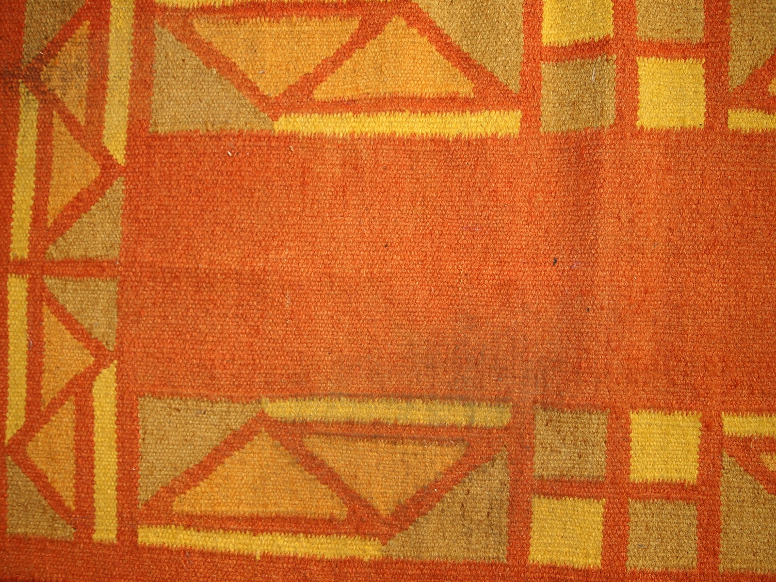 Vintage Persian Gabbeh flat-weave in original good condition. This kilim is in a bright shades of orange, yellow and olive green.