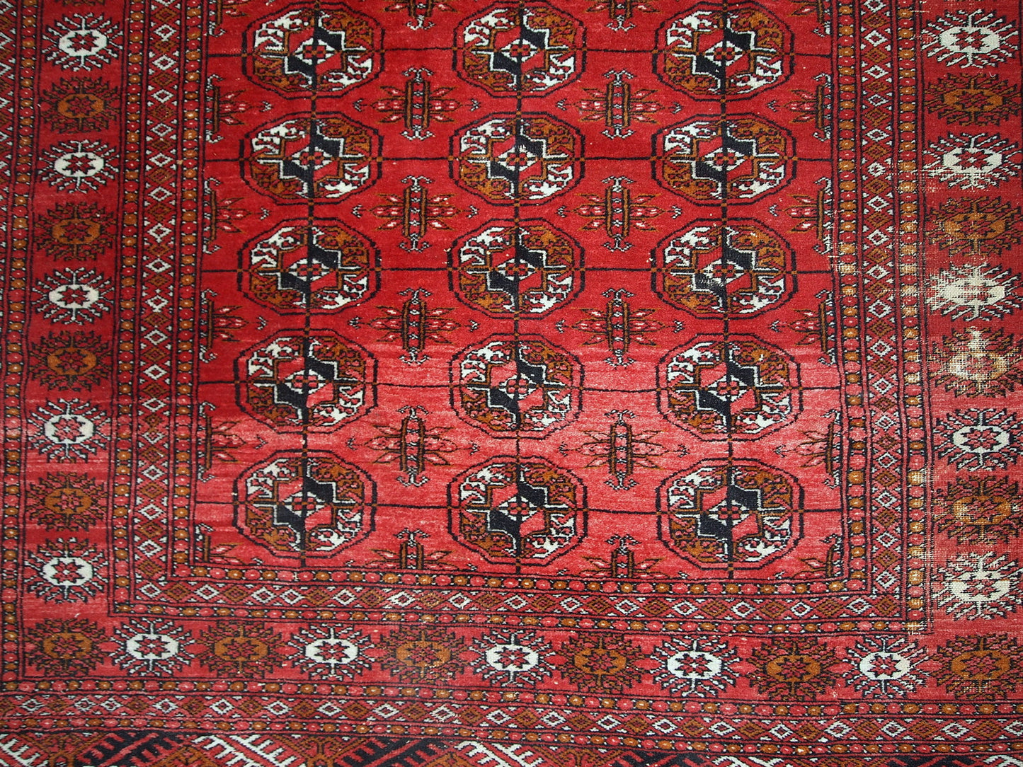 Handmade mid-century Pakistani rug in the style of Turkmen Tekke. Repeating elephant foot design on the bright red background. The rug has some signs of age but generally in original good condition.