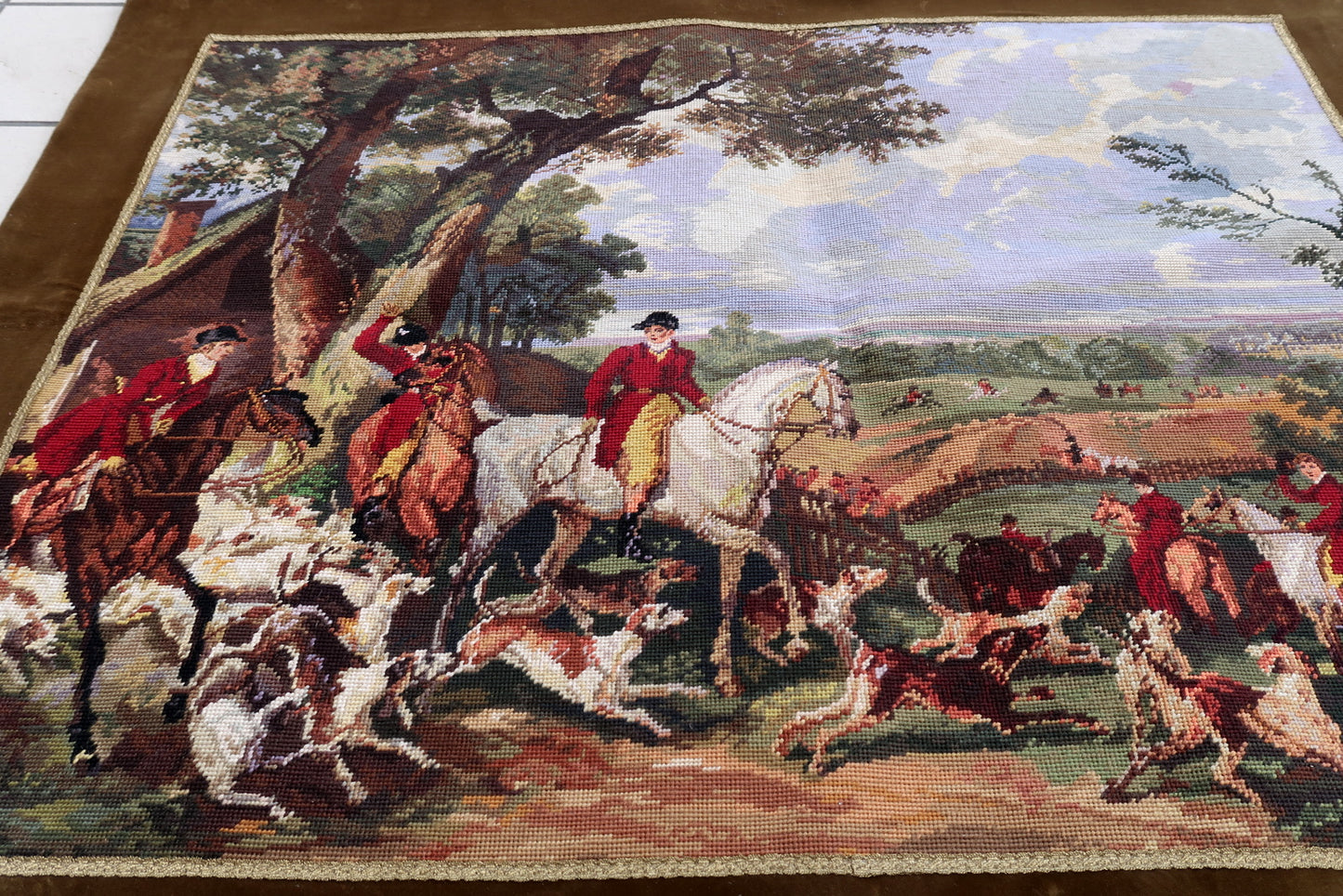 Vintage tapestry from France with hunting scene. The tapestry is from the middle of 20th century in original good condition. The rug made in cotton and the frame is from velour.  