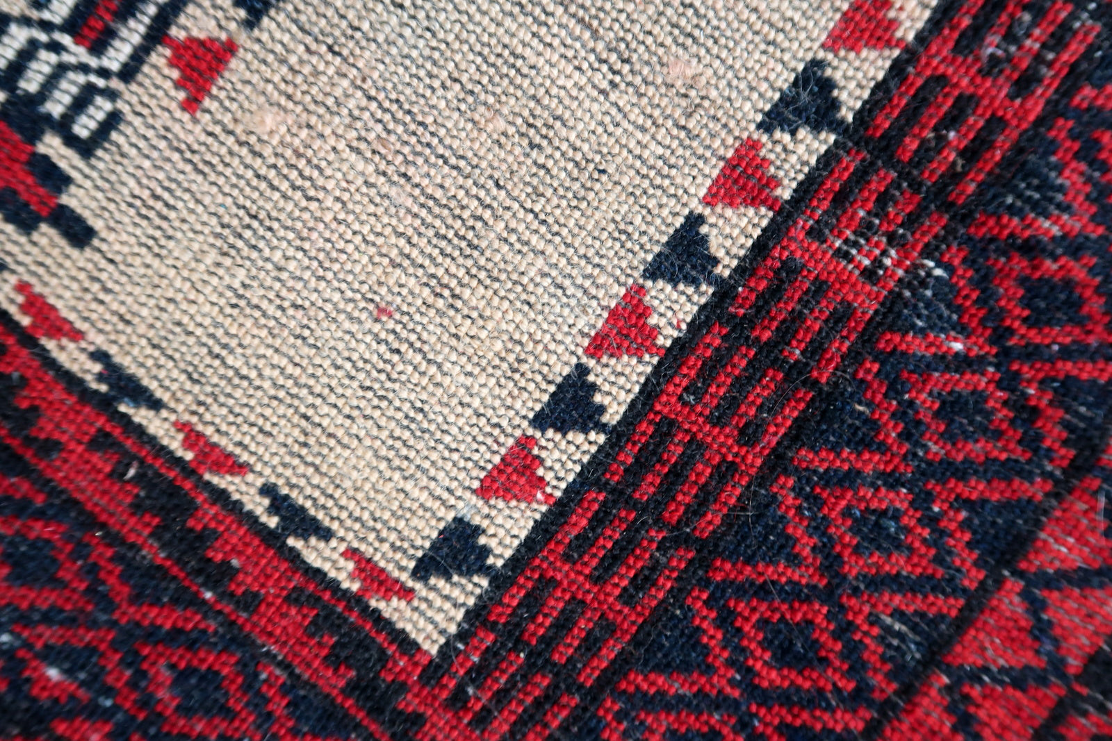 Handmade antique Afghan rug from Baluchi region. This prayer rug made in the beginning of 20th century, it is in original condition, has some low pile. 