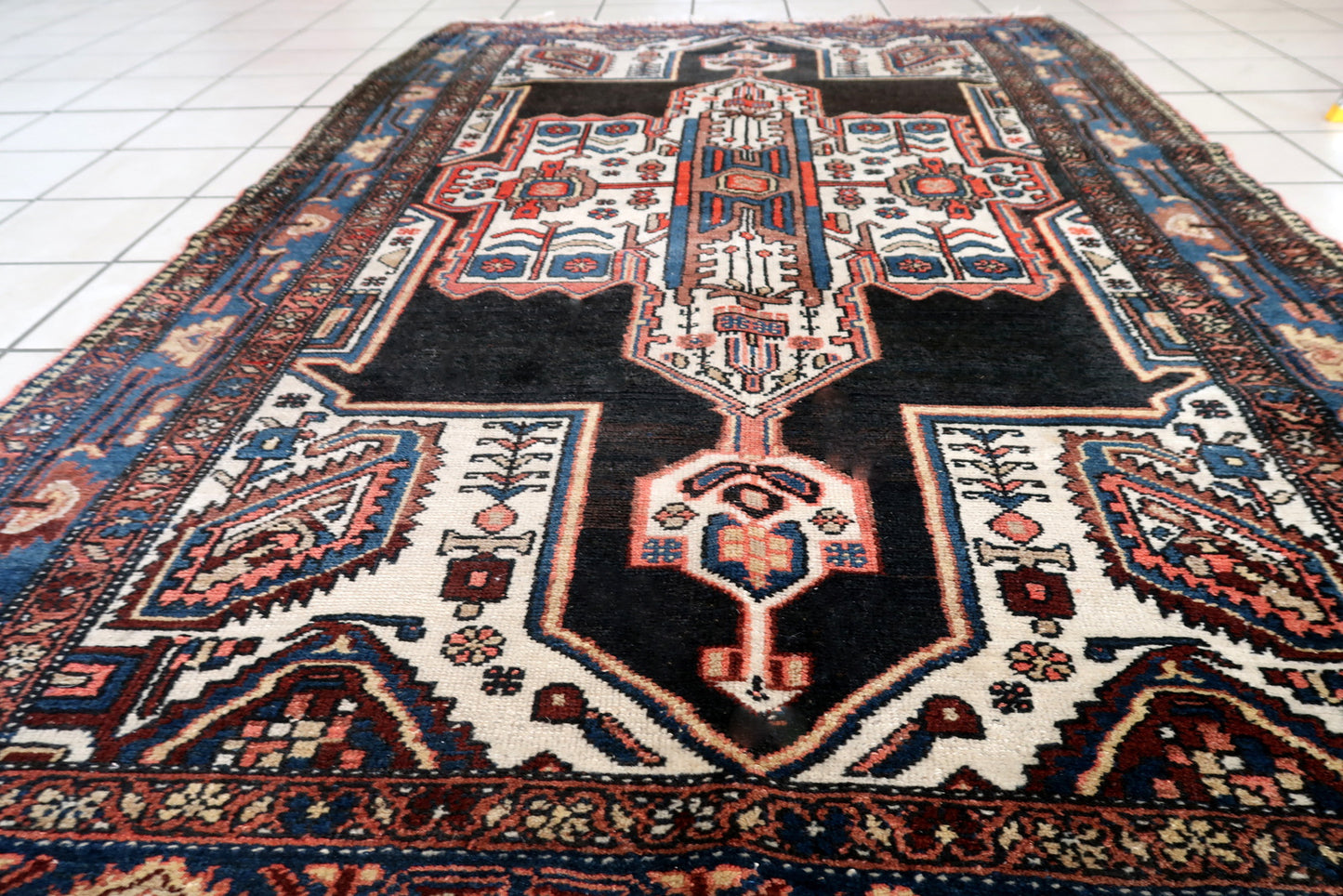 Handmade antique Persian Malayer rug in black and white colors. The rug is from the beginning of 20th century in original condition, it has some low pile.