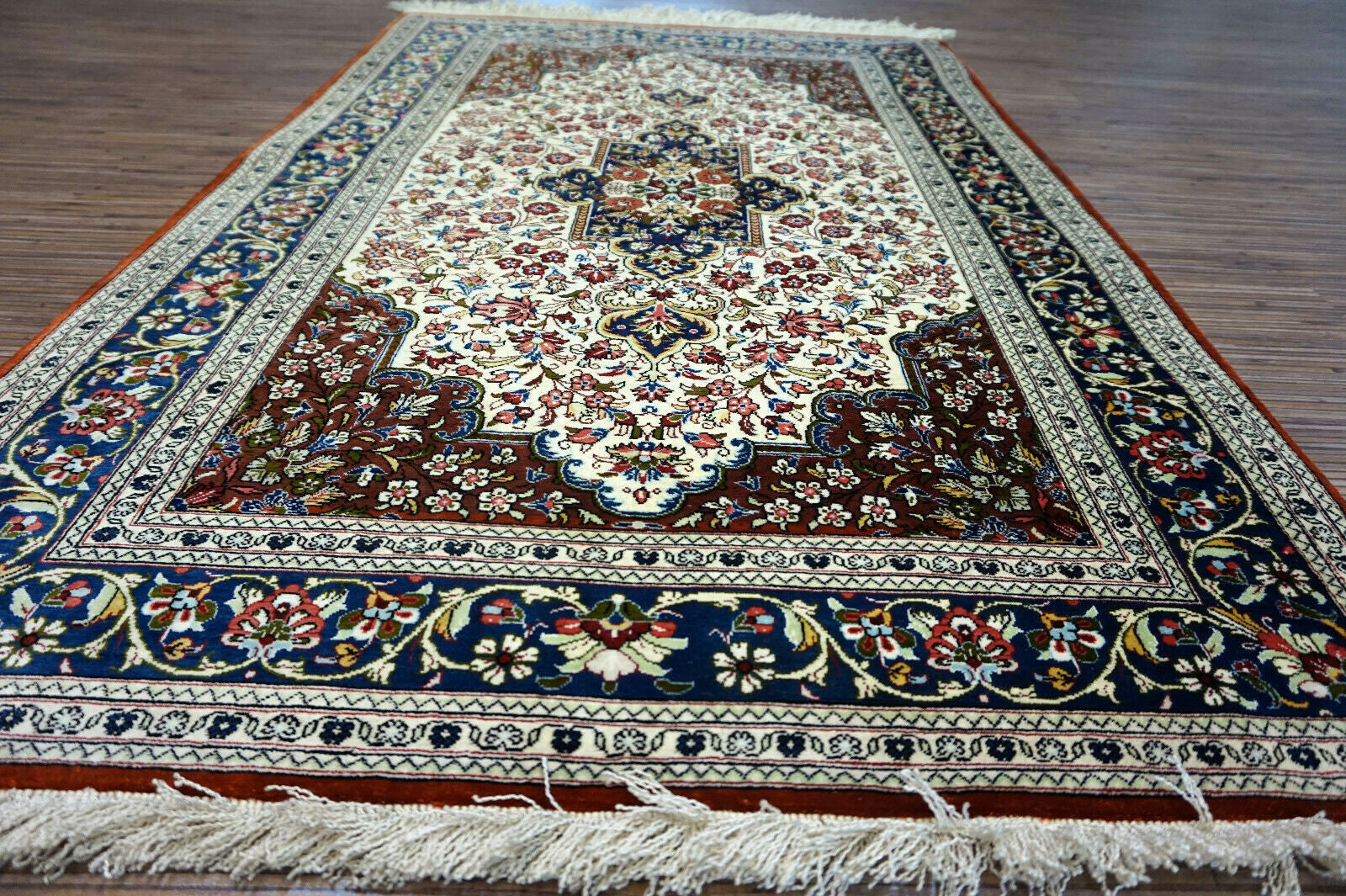 Handmade vintage Persian Qum silk rug 1970s